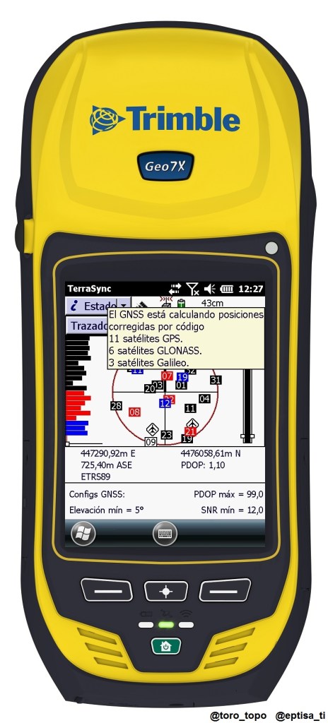 Receptor Trimble GEO7 en la pantalla de cielo, donde se pueden ver las tres constelaciones. GLONASS, GPS y GALILEO, además de los SBAS (EGNOS)